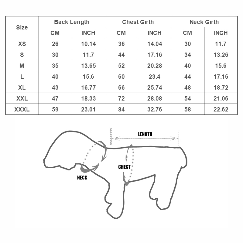 winter puffy dog vest sizing chart