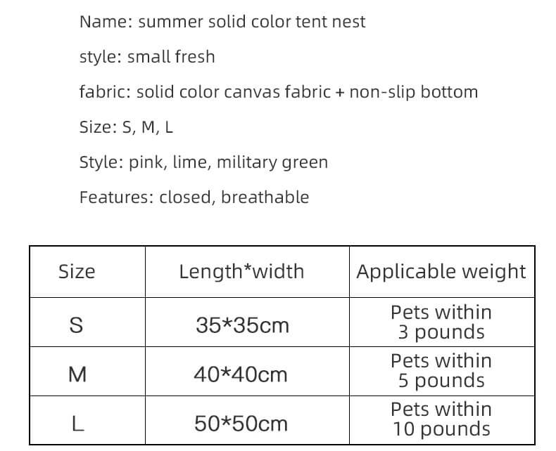 sizing chart pet tent