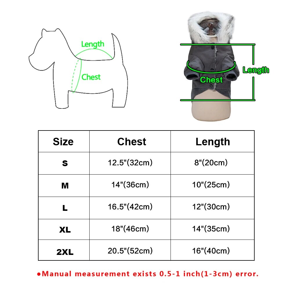 sizing chart winter dog coat small to two extra large