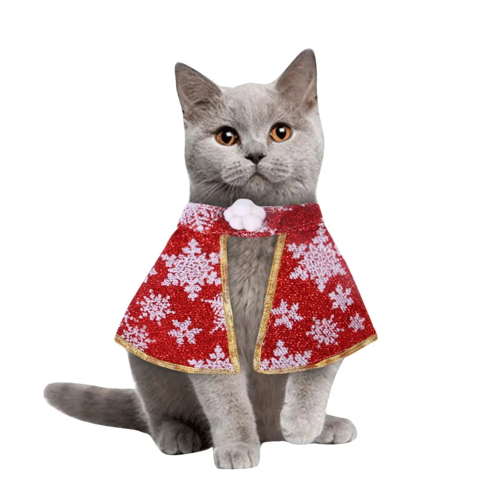 cat sitting red white snowflake christmas cape