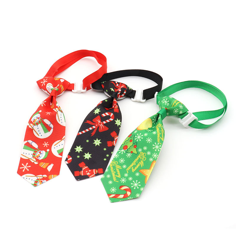 three christmas pet ties green black and red with different patterns white background