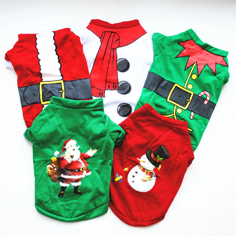 five dog christmas outfits laid out white background